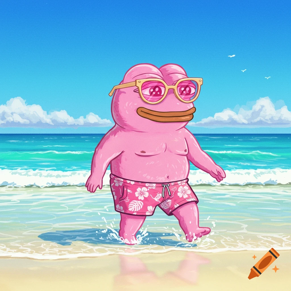 Pink Pepe meme character wearing sunglasses and swim shorts walks in beach water.