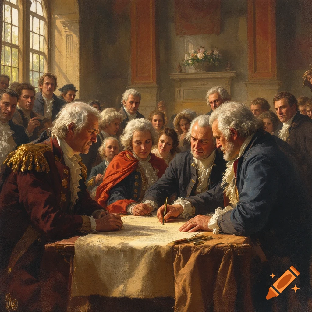 A group of men gathered around a table, depicting the signing of the Declaration of Independence.
