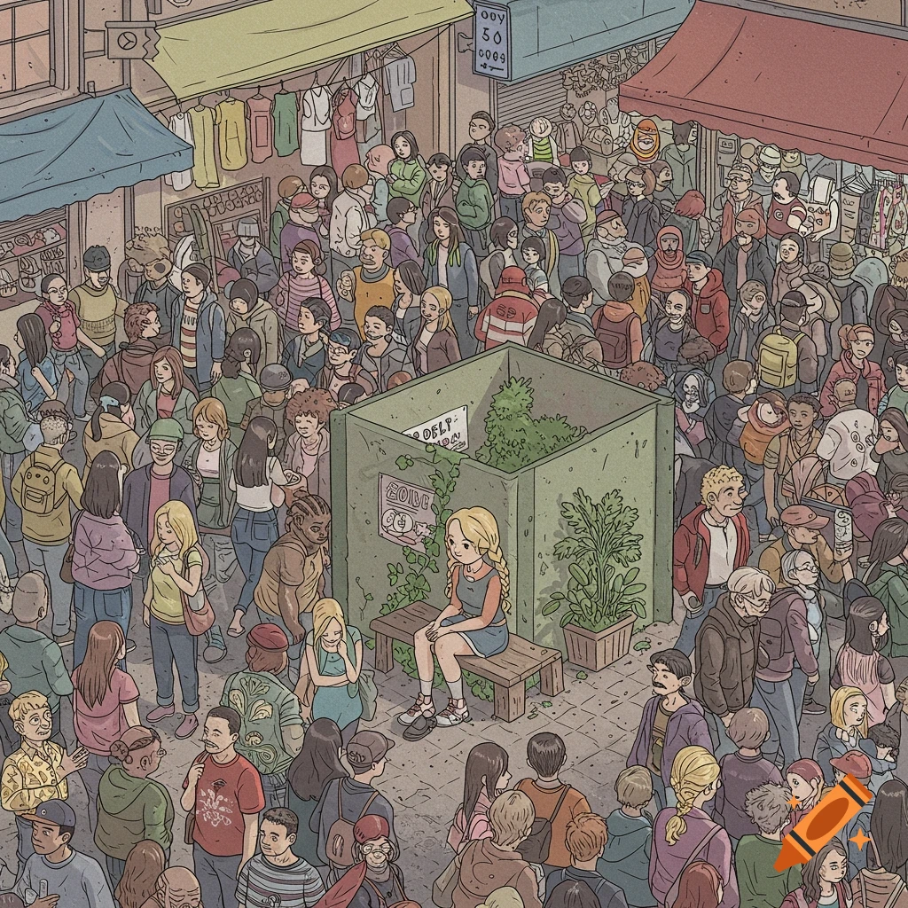 A girl sits on a bench in the middle of a crowded market street scene, illustration style.