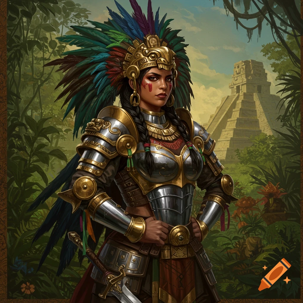 A female fantasy warrior in ornate armor and feathered headdress stands in a jungle with a pyramid.