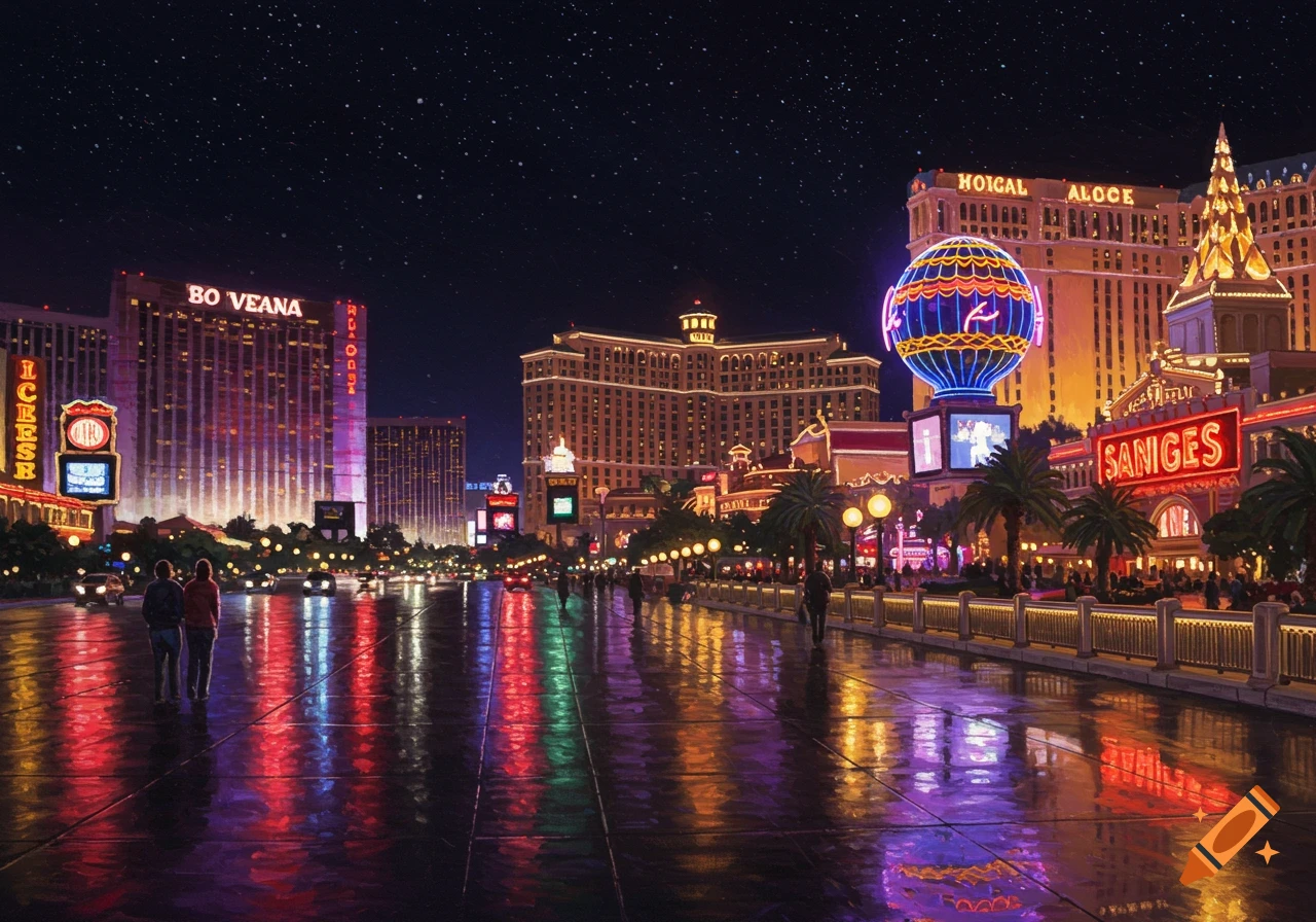 The Las Vegas Strip at night is illuminated by bright lights reflecting on a wet street, showcasing hotels and people.
