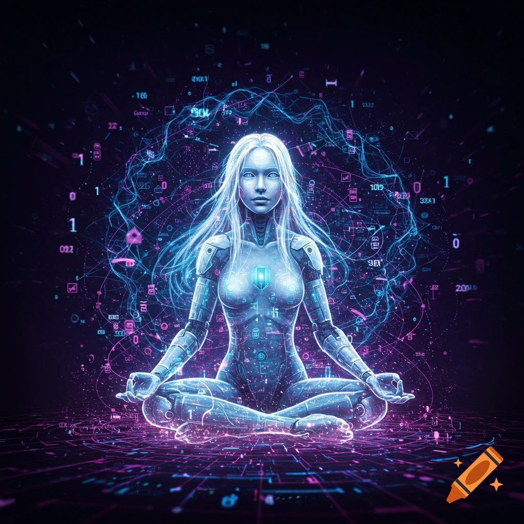 A glowing digital figure meditates amidst streams of data and light on a dark background in a sci-fi digital art style.