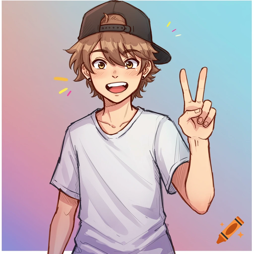An anime boy in a hat holds up a peace sign.