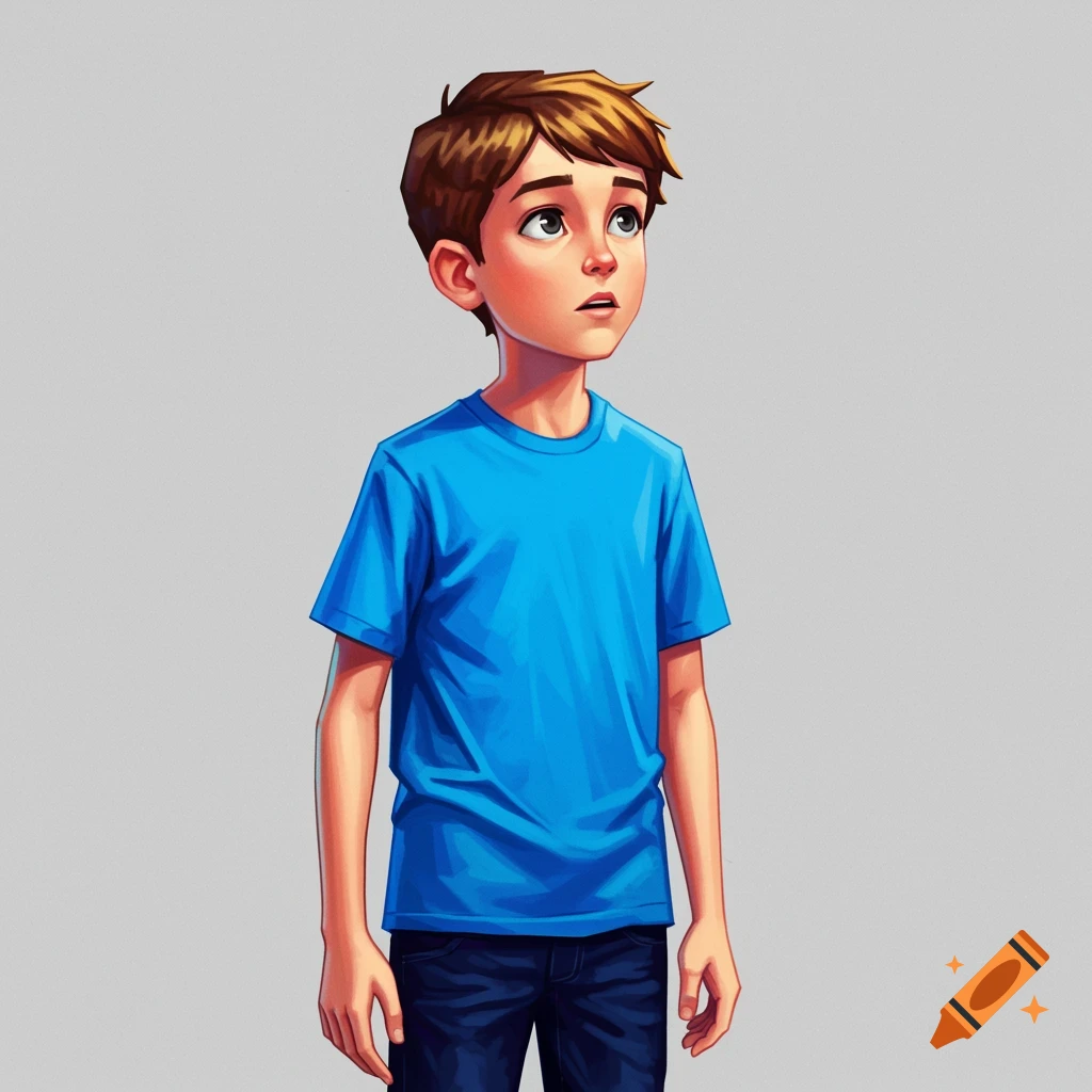 A young boy with brown hair looks up curiously, wearing a bright blue t-shirt and navy blue jeans against a light grey background.