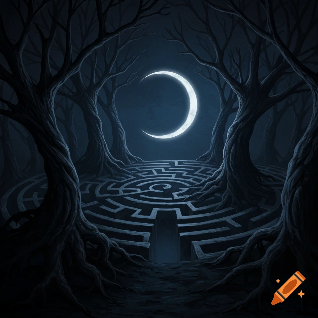 A dark labyrinth floor surrounded by spooky trees under a crescent moon.