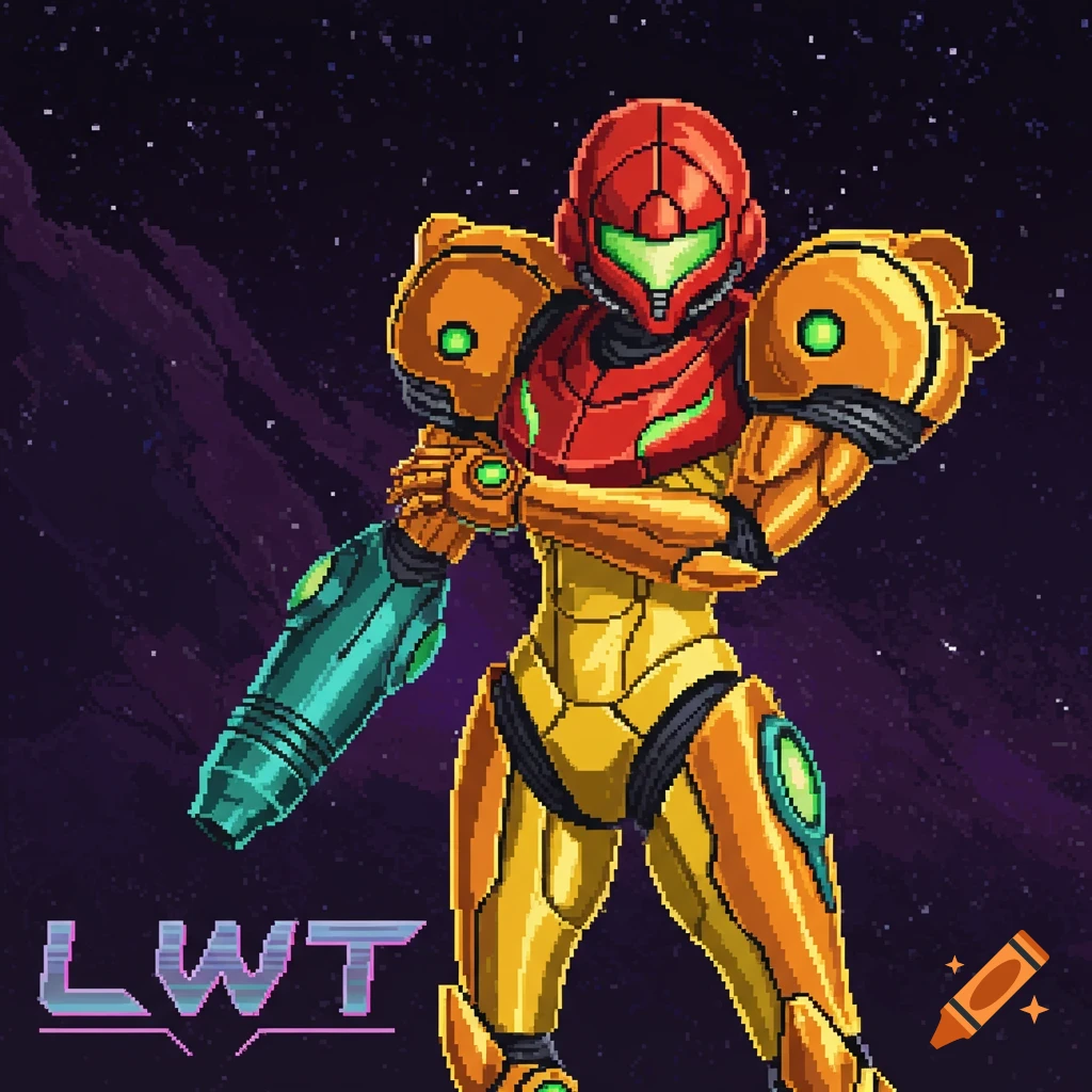 Pixel art of Samus Aran in her suit in space with text LWT.