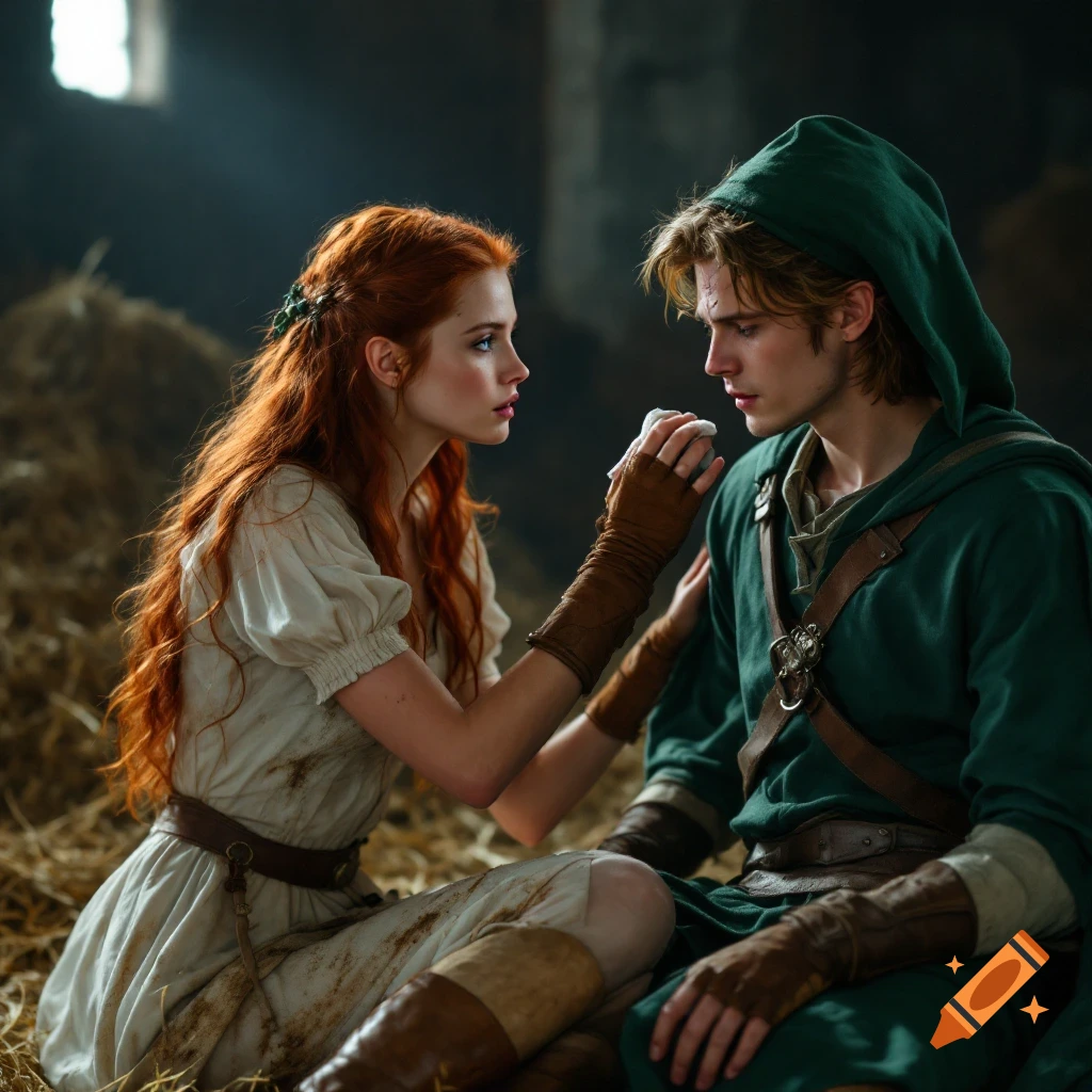 Cinematic photo of a red-haired young woman tending to a young man in a green tunic in a barn filled with hay.