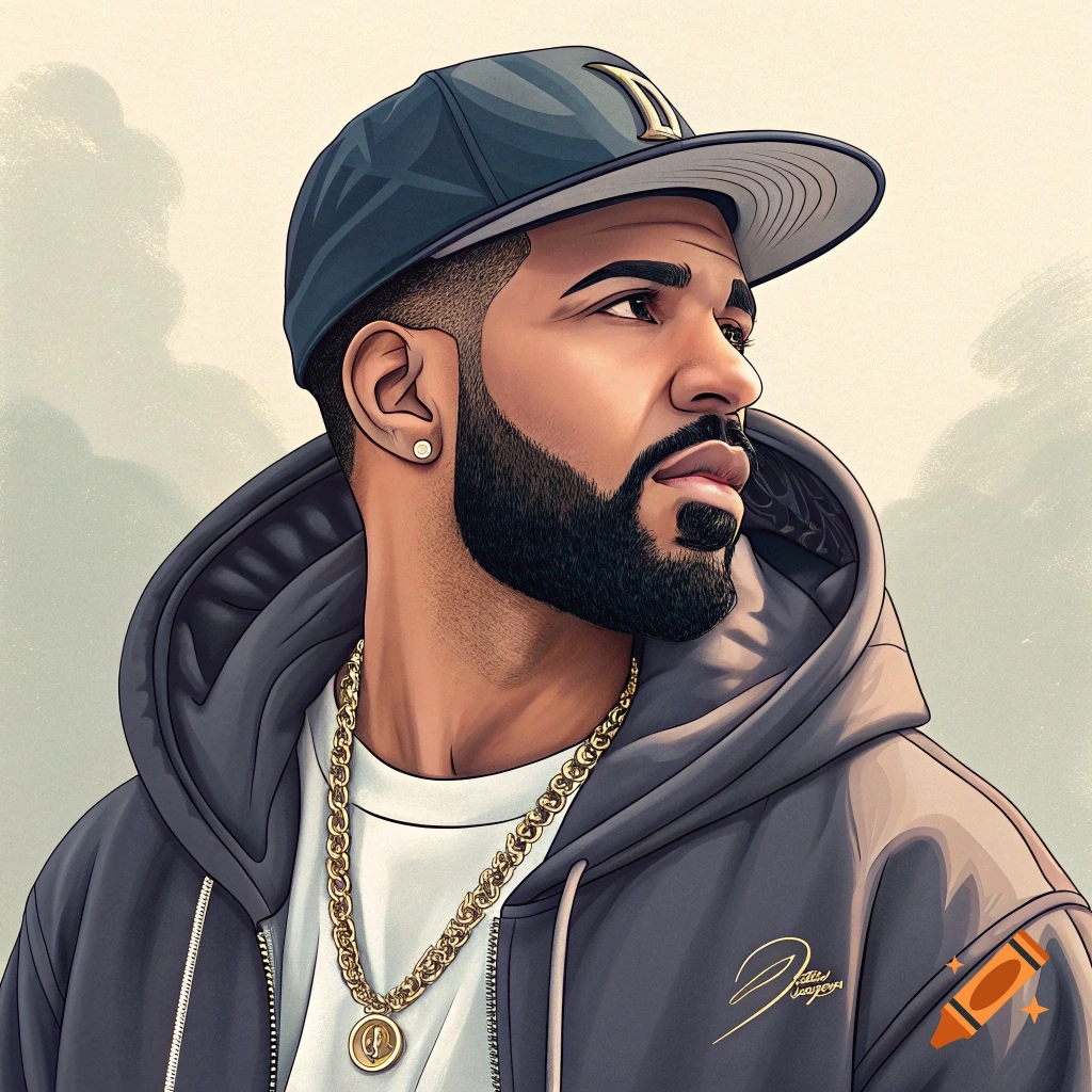 Illustration of a man resembling Drake wearing a baseball cap, grey hoodie, and gold chain, looking to the side.