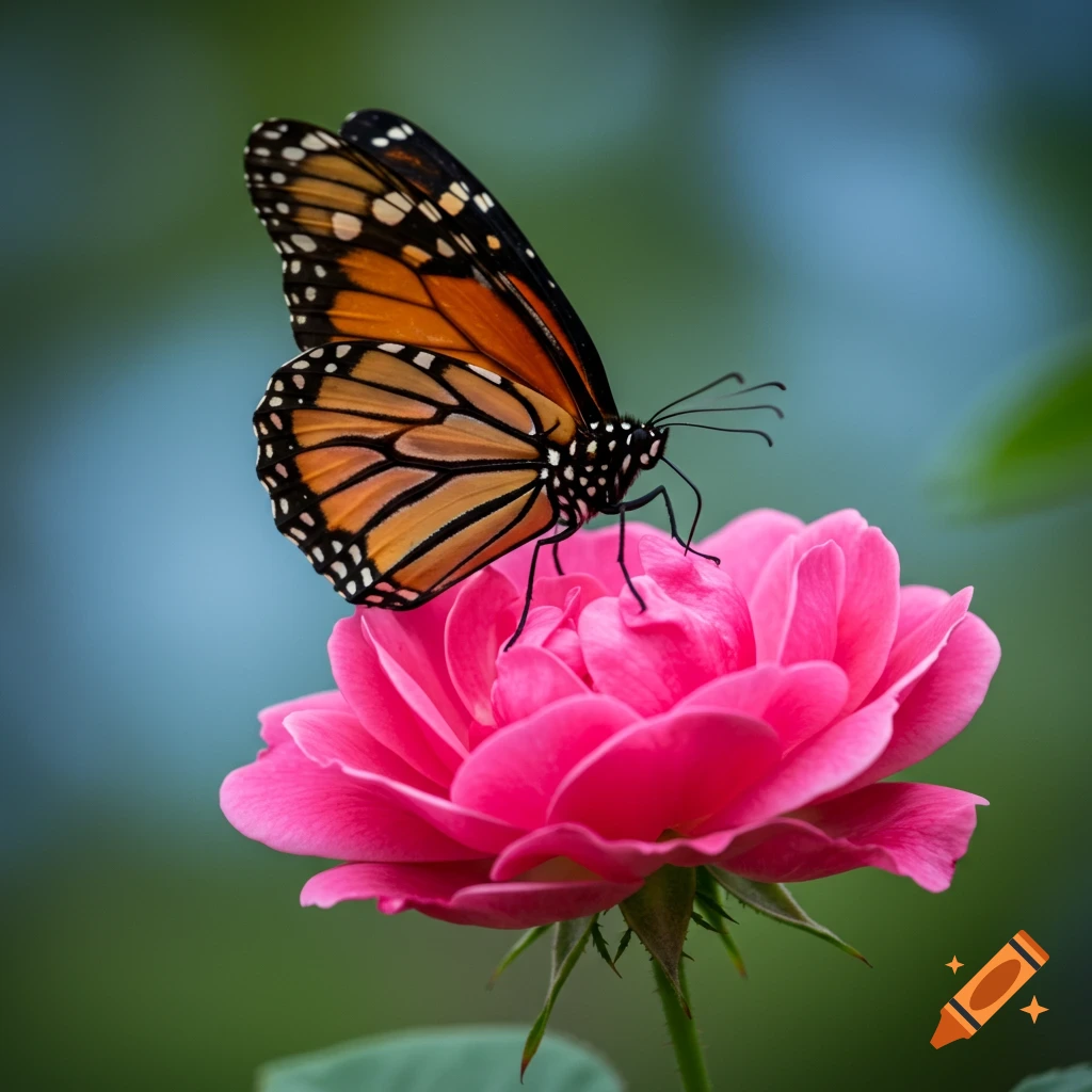 A monarch butterfly rests on a vibrant pink rose