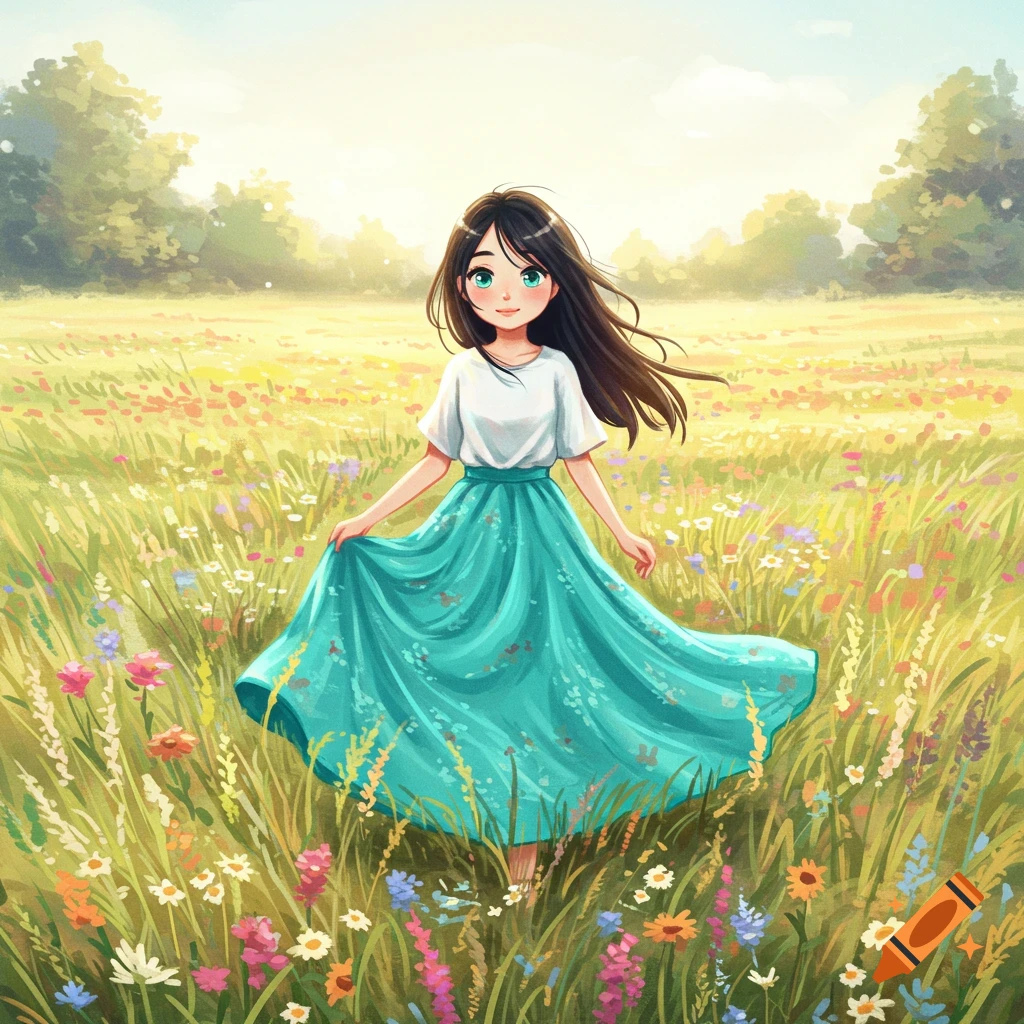 A woman in a flowing skirt is walking through a colorful meadow.