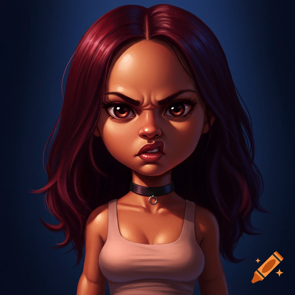 A stylized image of a scowling woman with dark red hair, brown eyes, light skin, wearing a tank top and choker.
