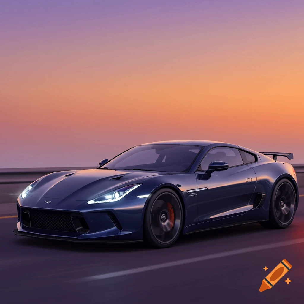 Dark blue sports car driving on a road at sunset with motion blur