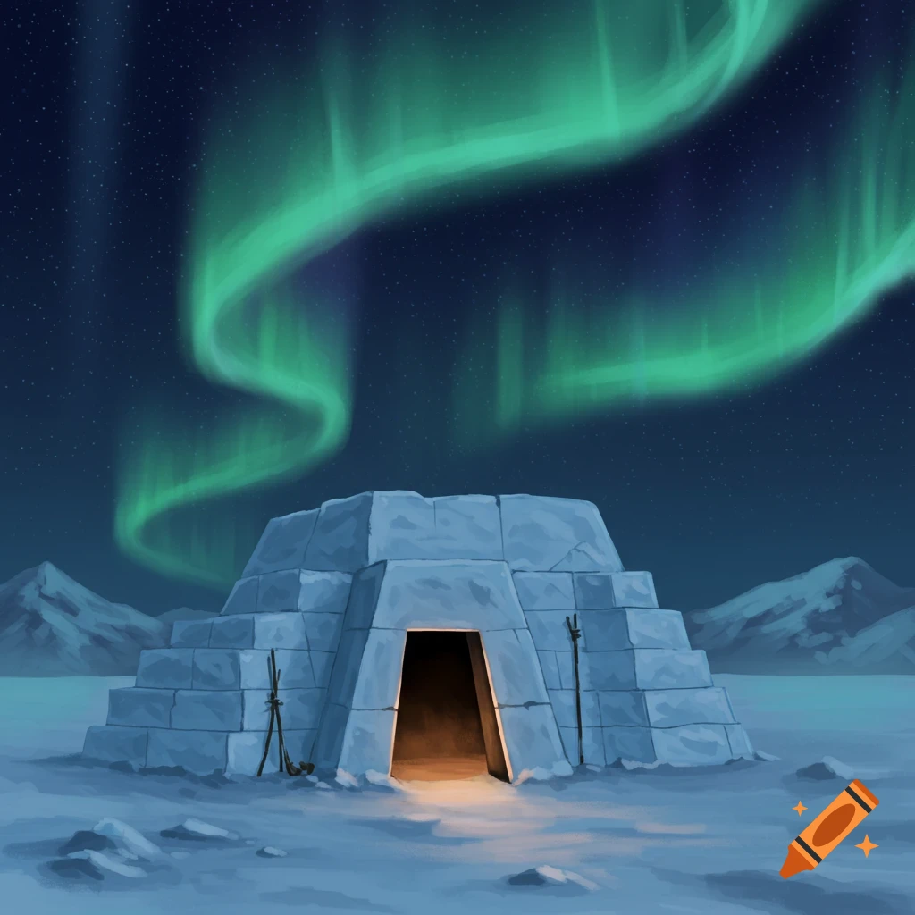 An igloo under bright green Northern Lights in a snowy arctic landscape.