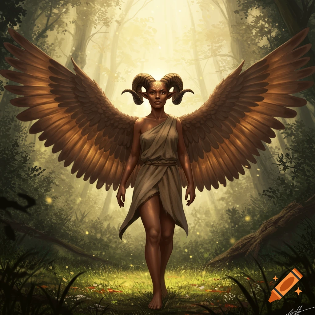 A winged woman with ram horns stands in a sunlit forest clearing.