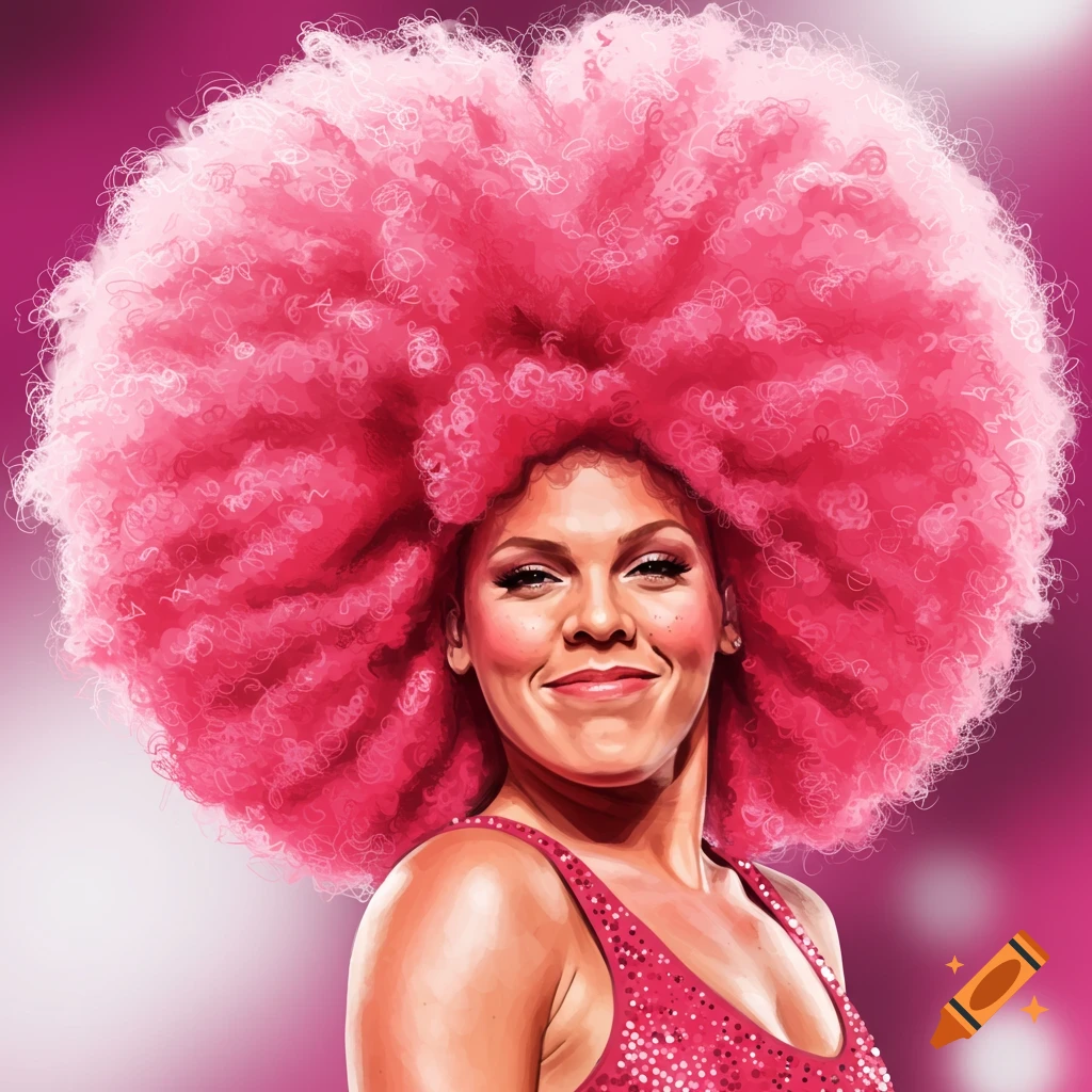 Portrait of a person with a large pink afro and sparkly top.