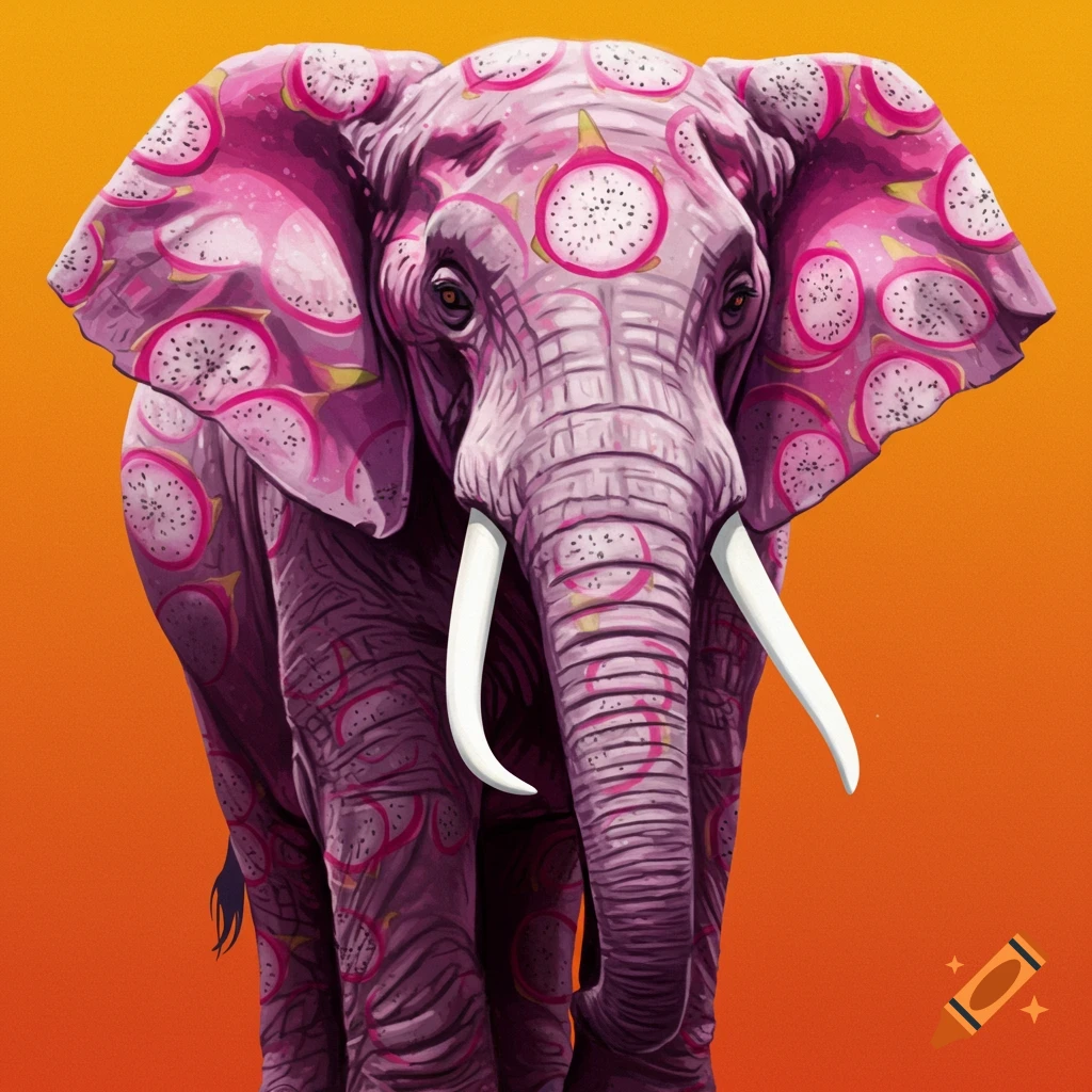 A pink elephant covered in a dragon fruit pattern