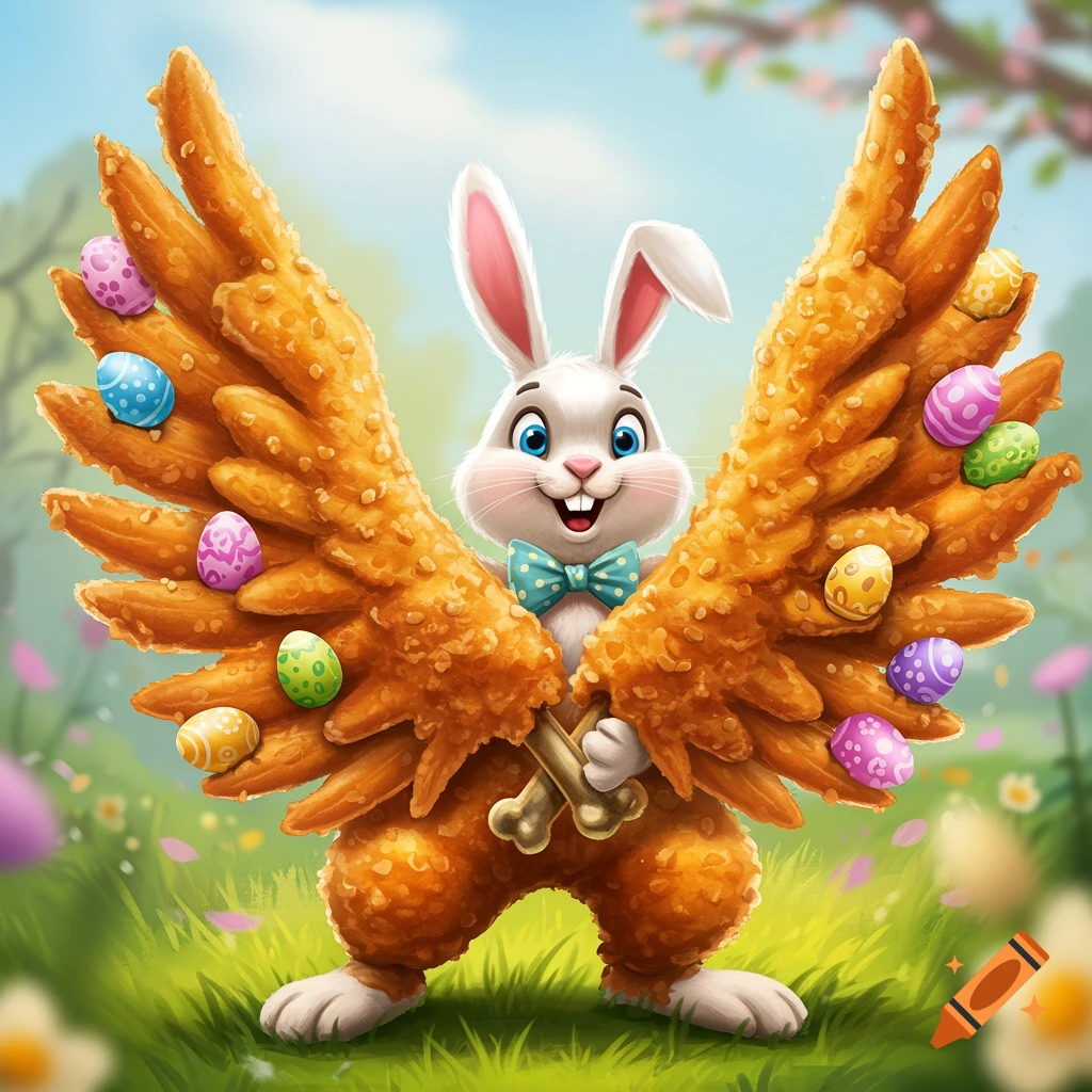 Cartoon Easter Bunny with chicken wings adorned with Easter eggs in a spring field.