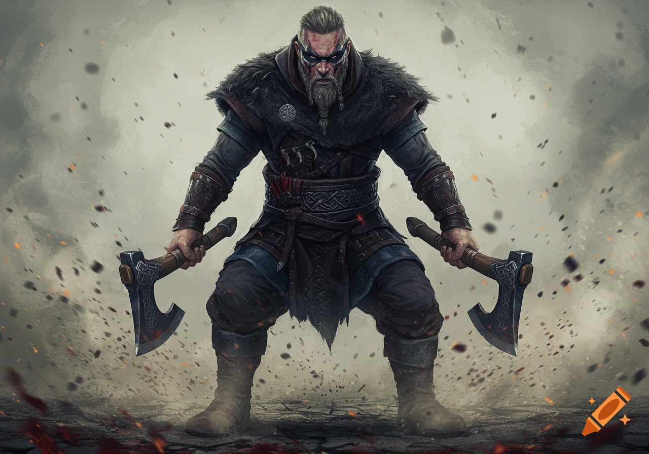 A fierce Viking warrior with a beard and war paint holds two axes.