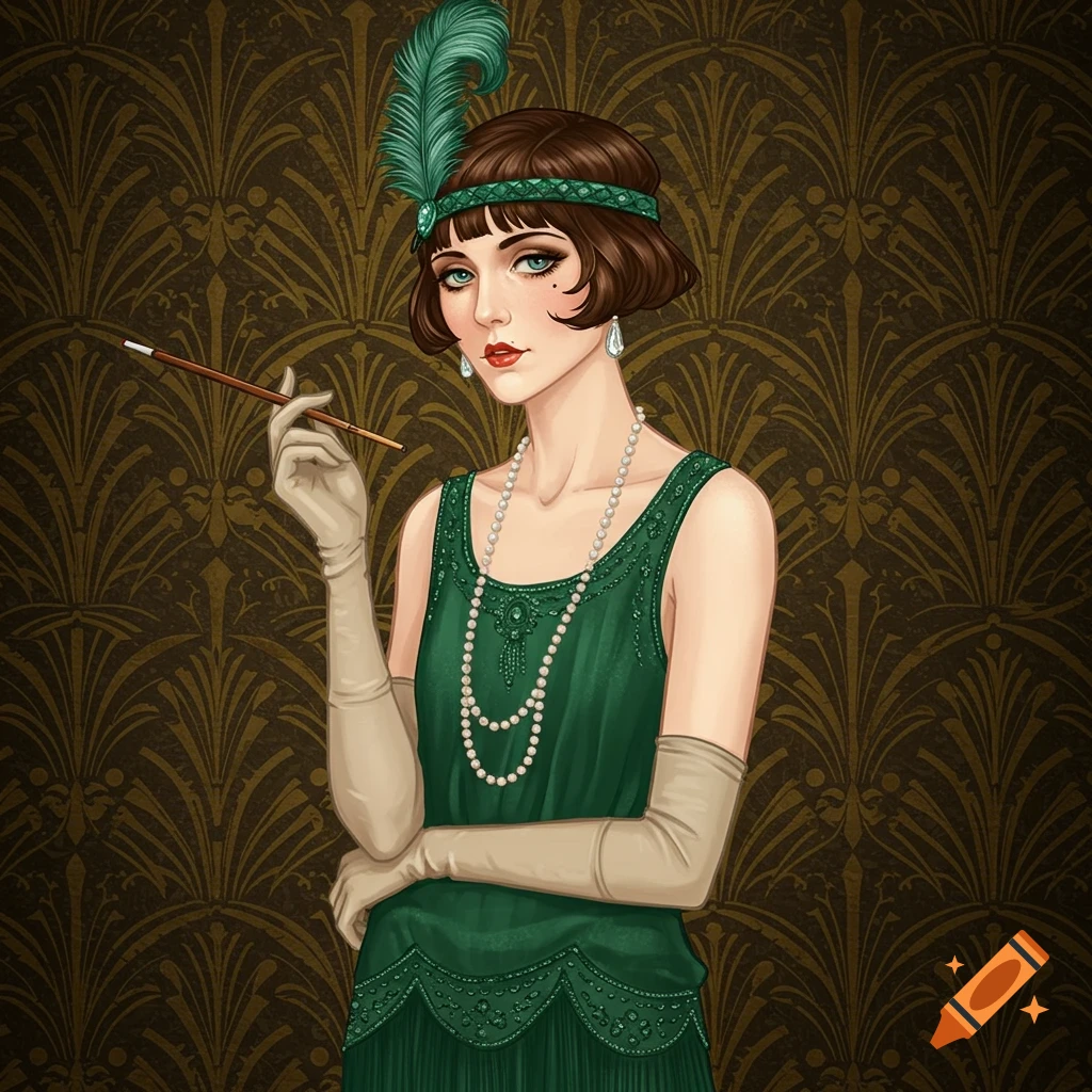A woman in 1920s fashion with a feather headband is holding a cigarette holder.