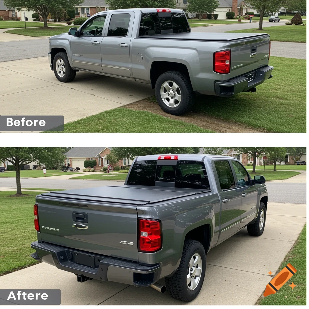 Before and after comparison of a grey pickup truck, showing the truck bed open before and covered by a tonneau cover after.