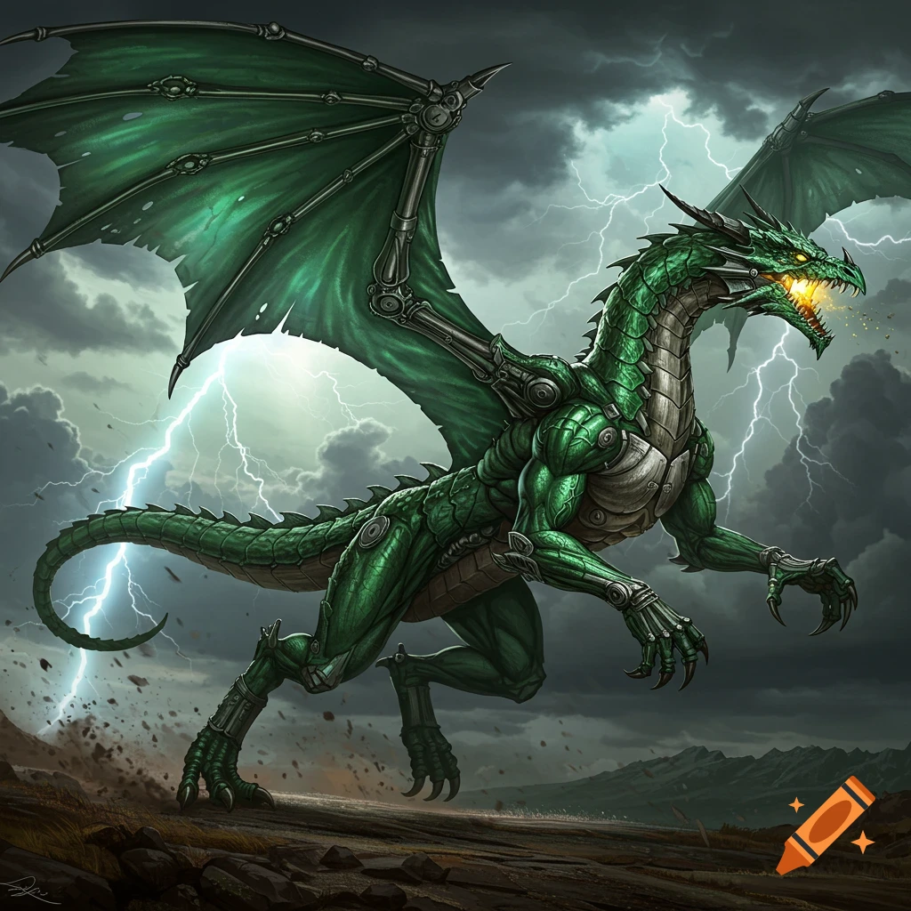 A green mechanical dragon runs during a lightning storm