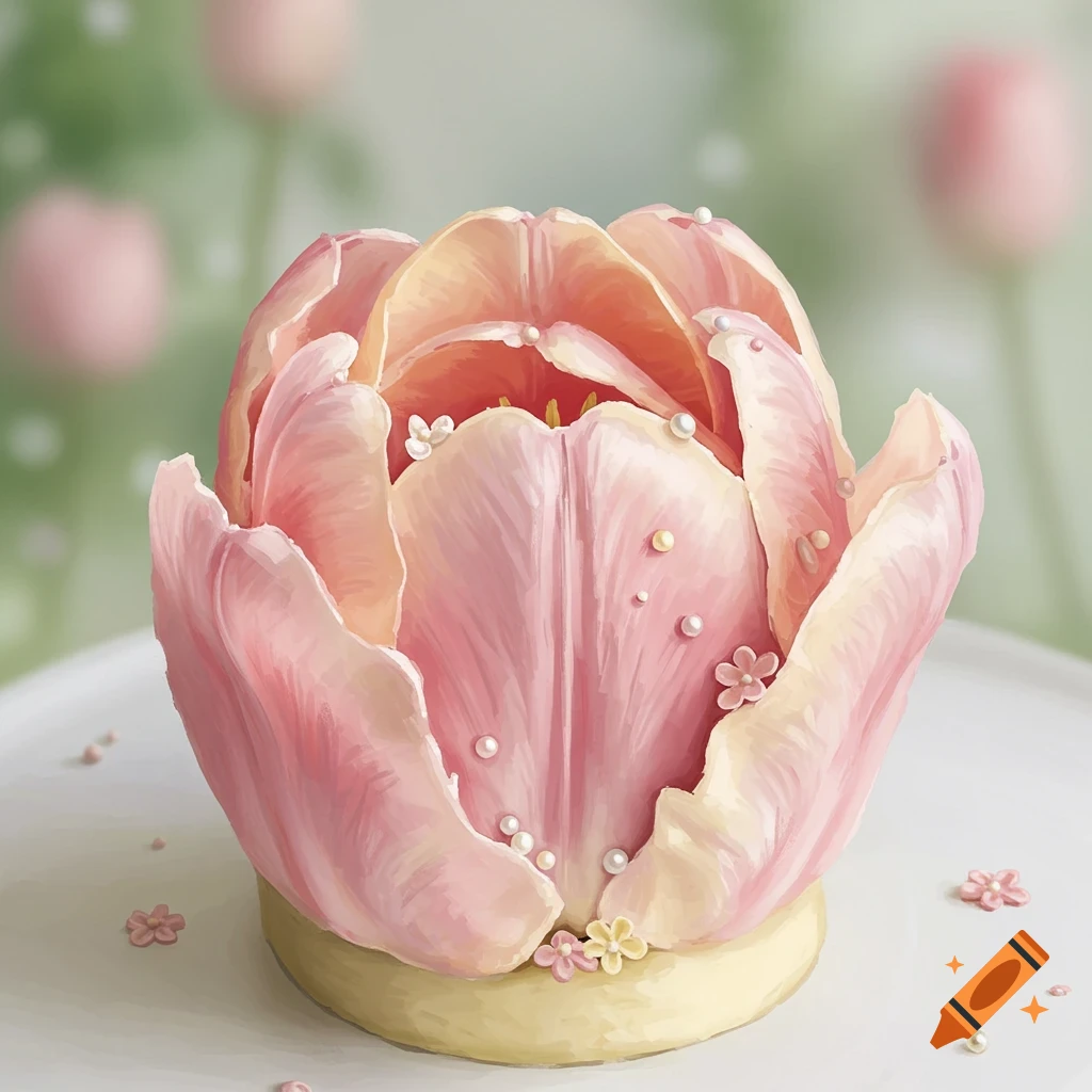 Pink tulip-shaped cake decorated with pearls and sugar flowers.