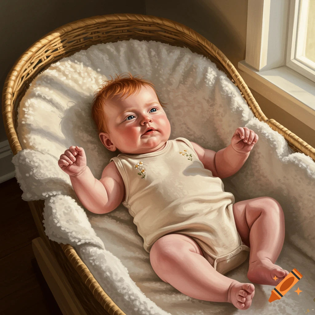 A realistic image of a red-haired baby in a bassinet.