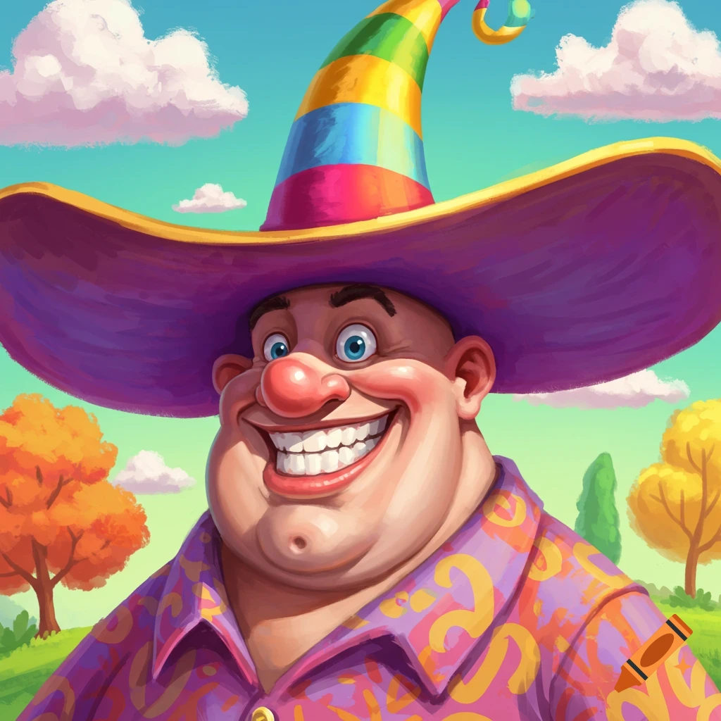 A large man with a big grin is wearing a colorful striped pointy hat and a patterned purple shirt, outdoors.