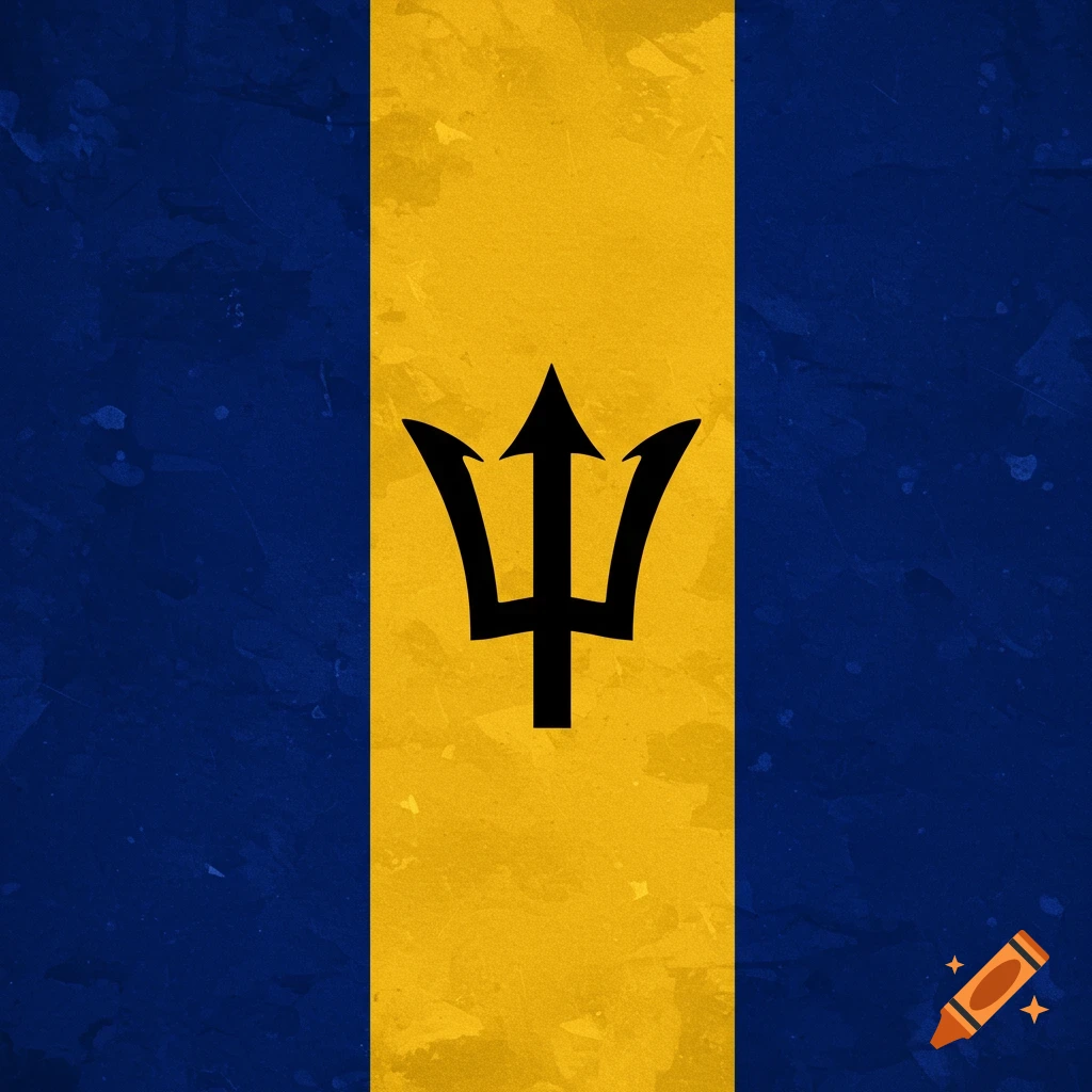 Flag of Barbados with a black trident on a yellow vertical stripe between blue vertical stripes, grunge texture.