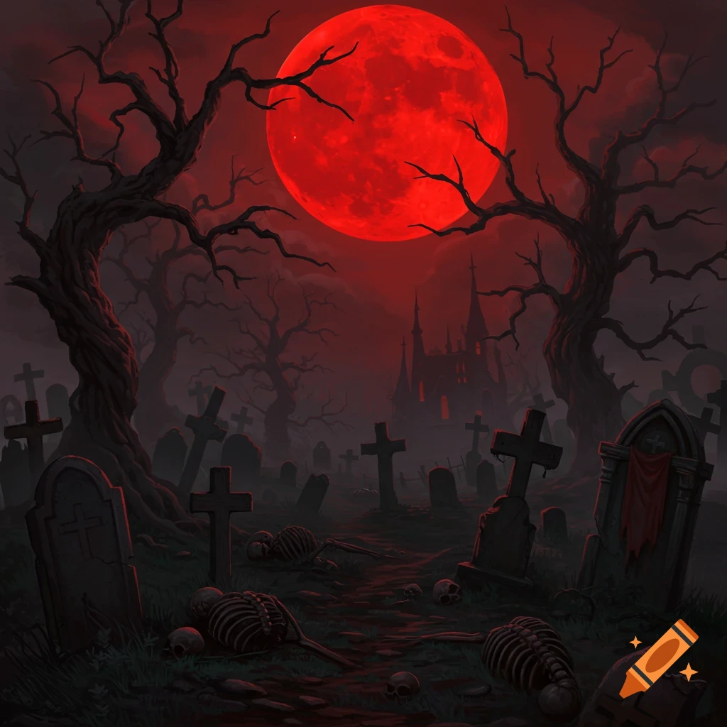 A spooky graveyard under a blood red moon with skeletons and a castle in the background.