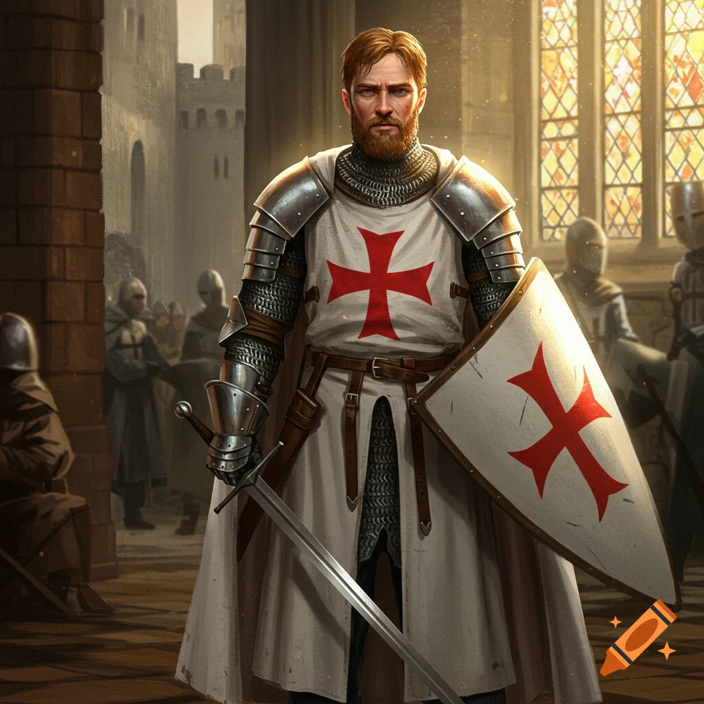 A 13th-century Knight Templar with sword and shield in a courtyard.
