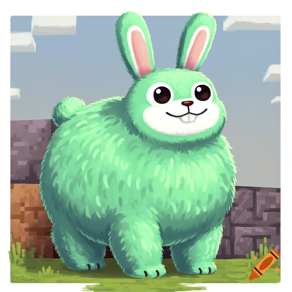 A large, fluffy green creature resembling a bunny stands in a blocky, Minecraft-like landscape.