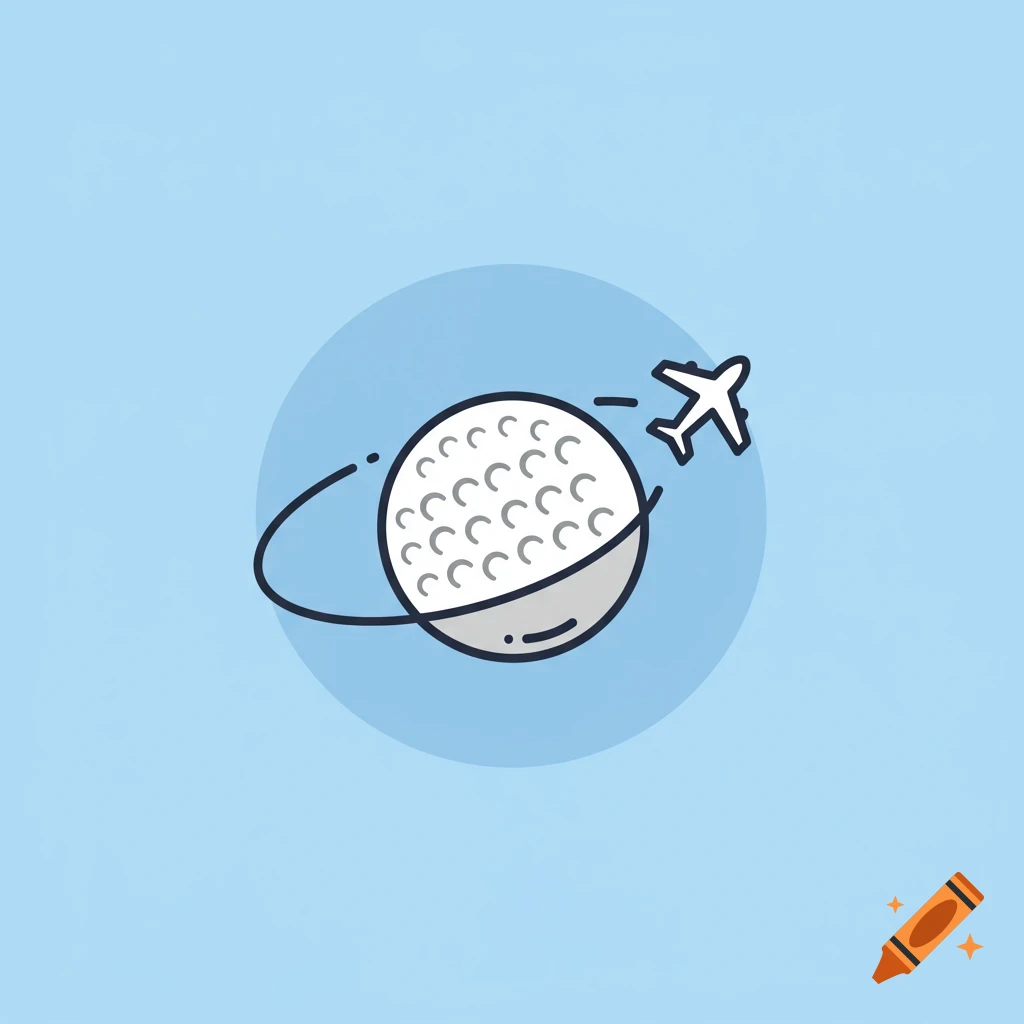 Vector illustration of an airplane orbiting a golf ball like a planet on a blue background.