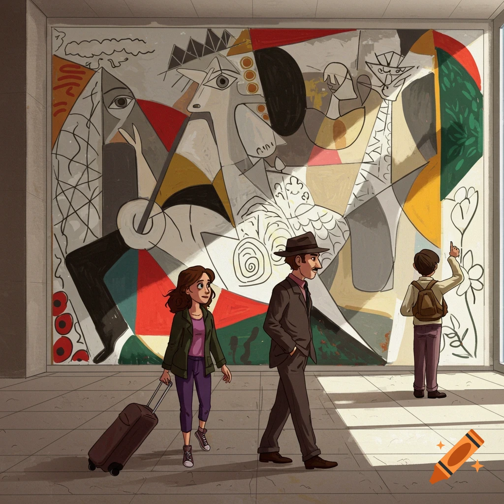 People looking at a large abstract art piece in a museum hallway.