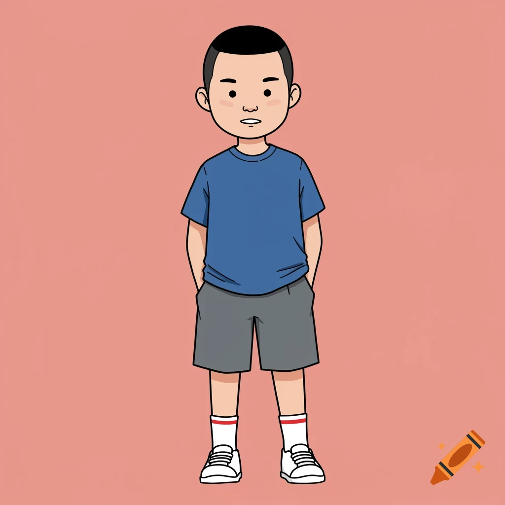 Clip art illustration of an Asian boy with a buzz cut, wearing a blue t-shirt, grey shorts, white socks with red stripes, and white sneakers.