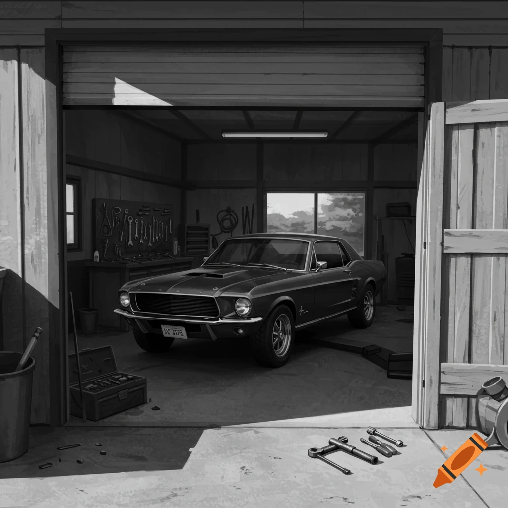 A black and white image of a classic car parked in an open garage with tools scattered around.