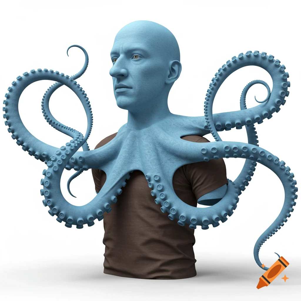 Hyperrealistic render of a bald man with light blue skin and octopus tentacles growing from his body.