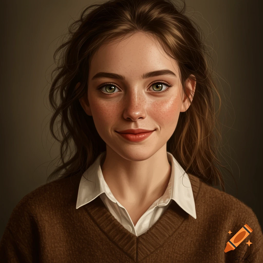 Portrait of a girl with freckles, wearing a brown sweater and white shirt, smiling.