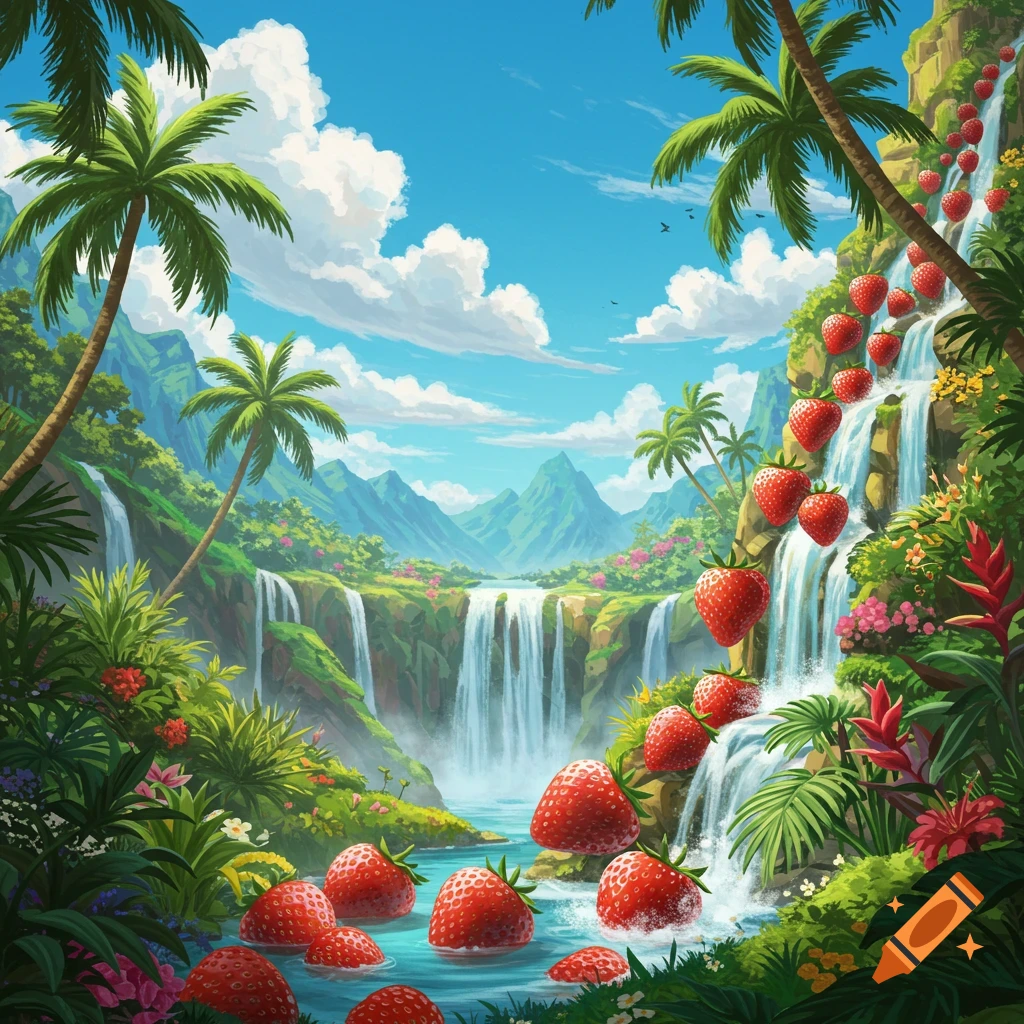 A tropical landscape with waterfalls and giant strawberries flowing down and floating in a river.