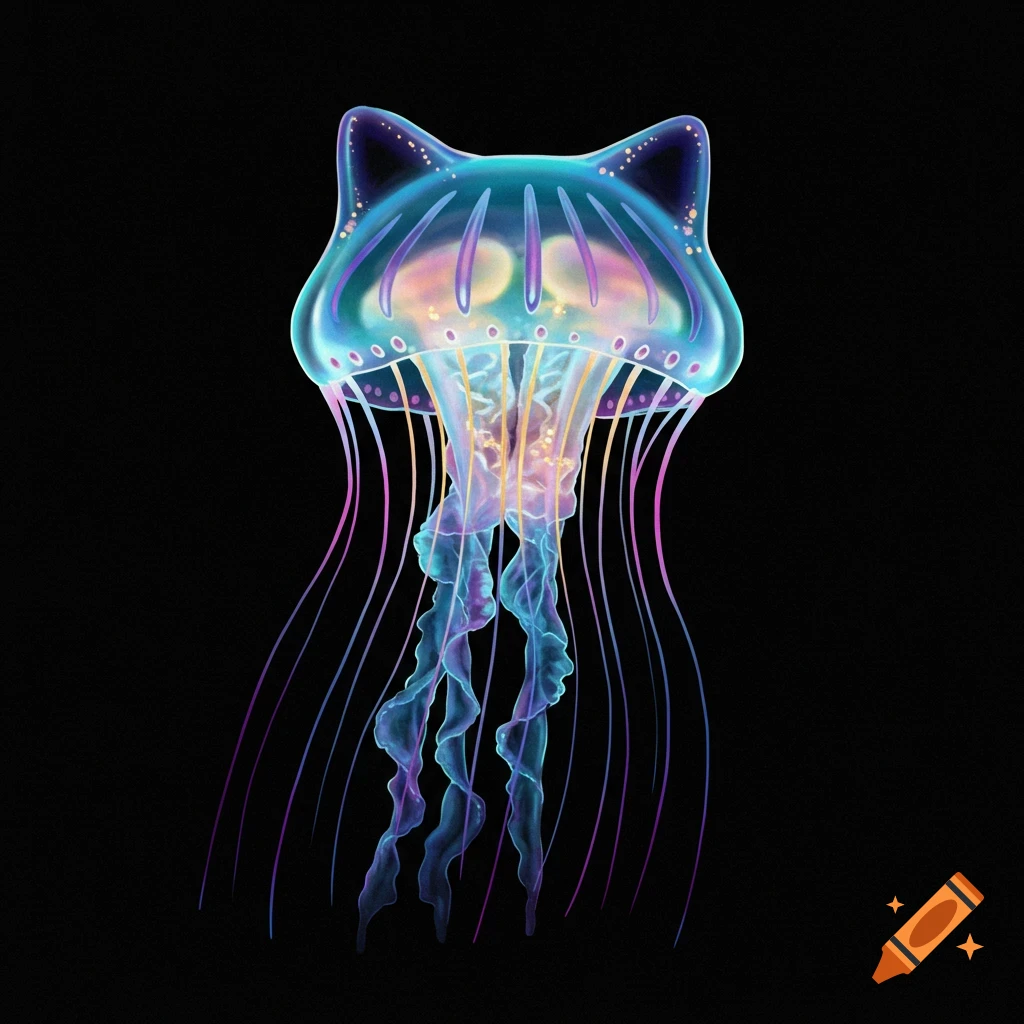 A glowing blue and purple jellyfish with cat ears on a black background.