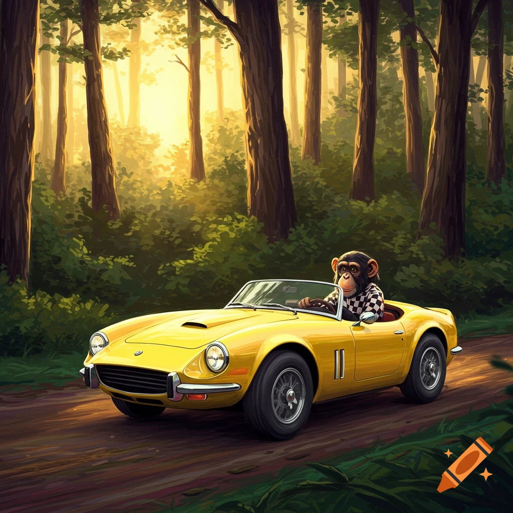 A chimpanzee is driving a yellow convertible car through a sunlit forest.