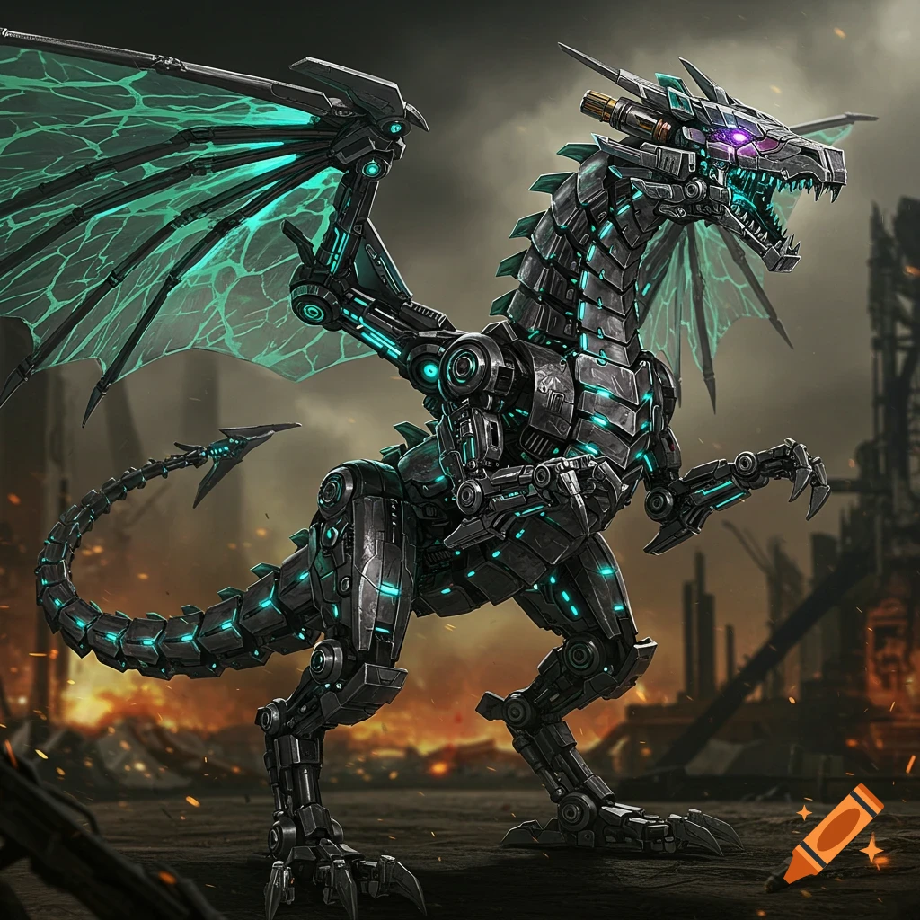 A detailed digital illustration of a dark grey robot dragon with glowing teal highlights and cracked wings, standing in a ruined landscape.