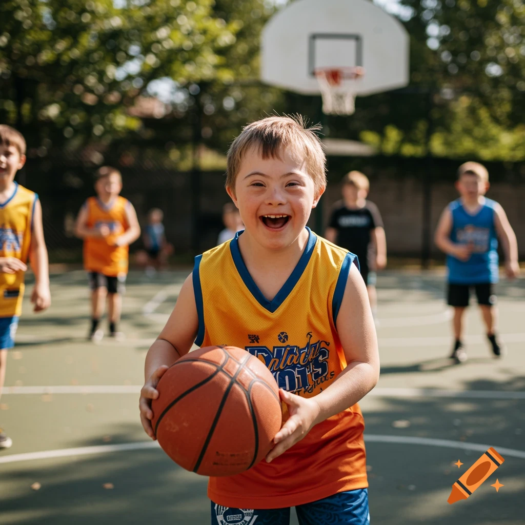 Smiling boy with Down syndrome holding a basketball on an outdoor court with other children in the background, candid photo.