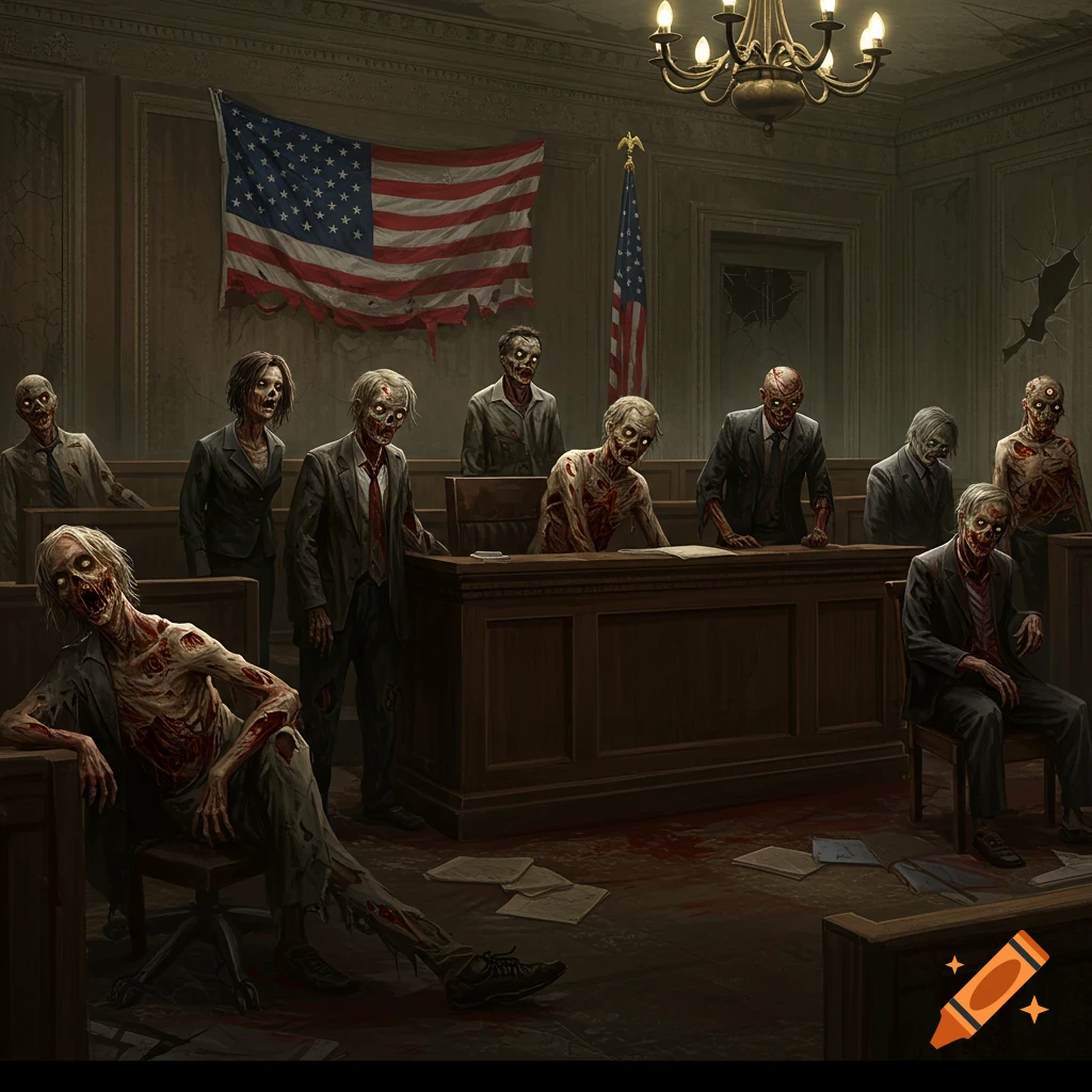 Zombies in a courtroom acting as a jury panel