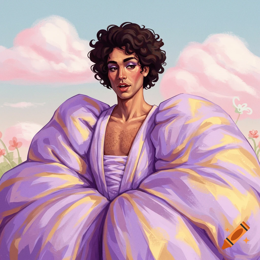 A person with curly hair wears a purple puffy dress with gold stripes in a field with pink clouds.