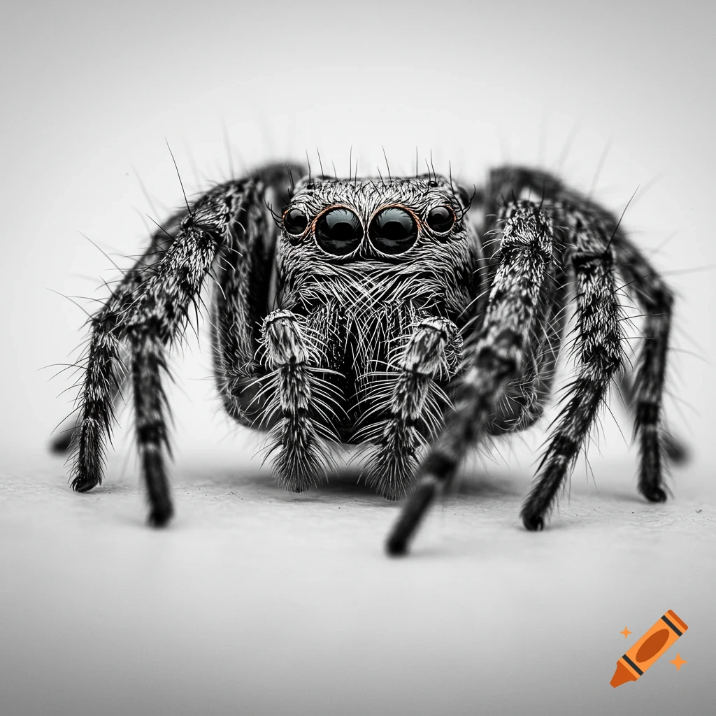 Black and white macro photo of a jumping spider.