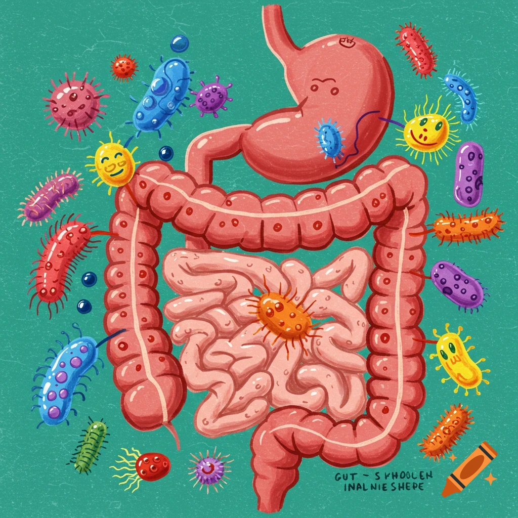 Cartoon illustration of the digestive system (gut) with colorful microbes.
