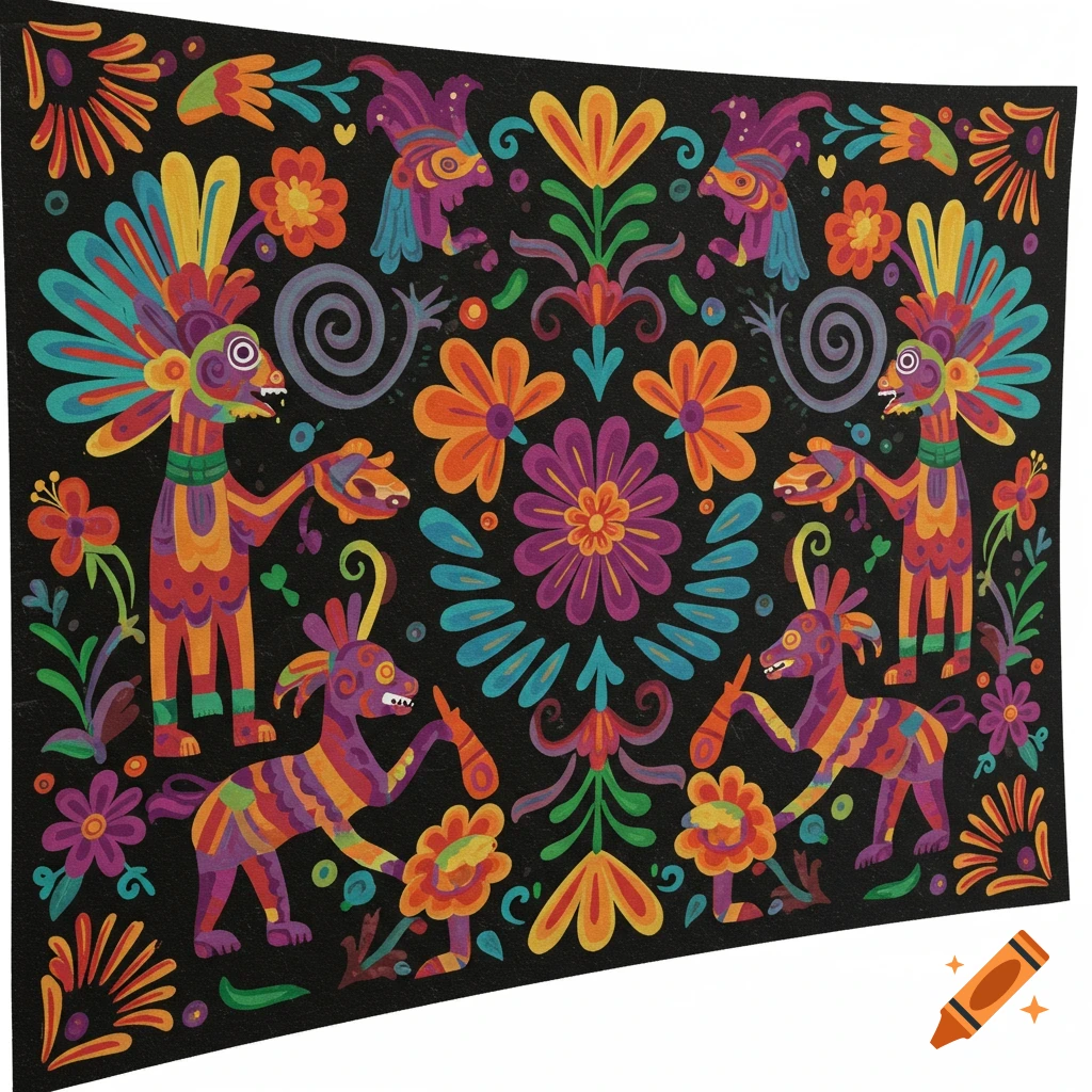 Colorful Oaxacan folk art pattern with stylized figures, animals, and flowers on a black background.
