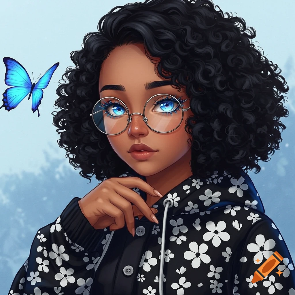 Anime portrait of a girl with curly hair, glasses, and a floral hoodie looking at a blue butterfly.