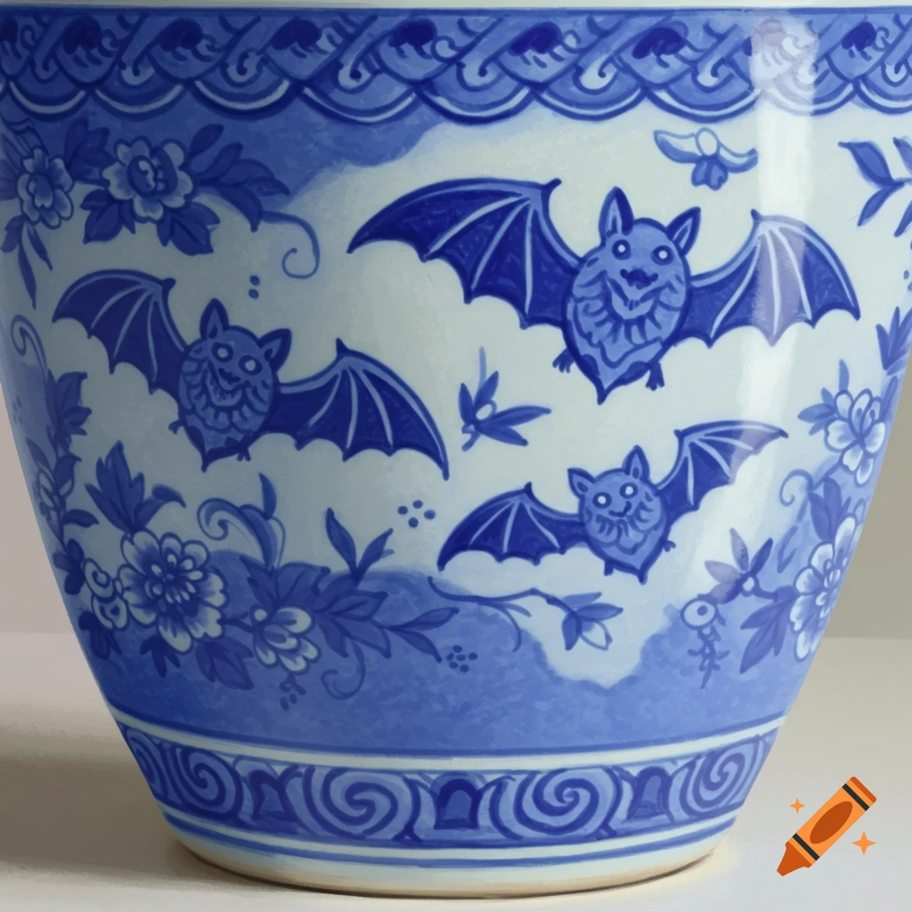 Blue and white ceramic pot with bat and floral pattern